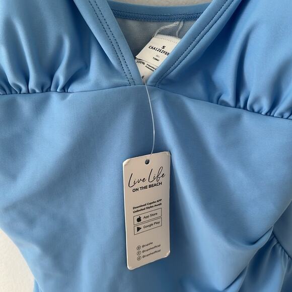 CUPSHE Blue V Neck Ruching One Piece Swimsuit - Picture 3 of 5